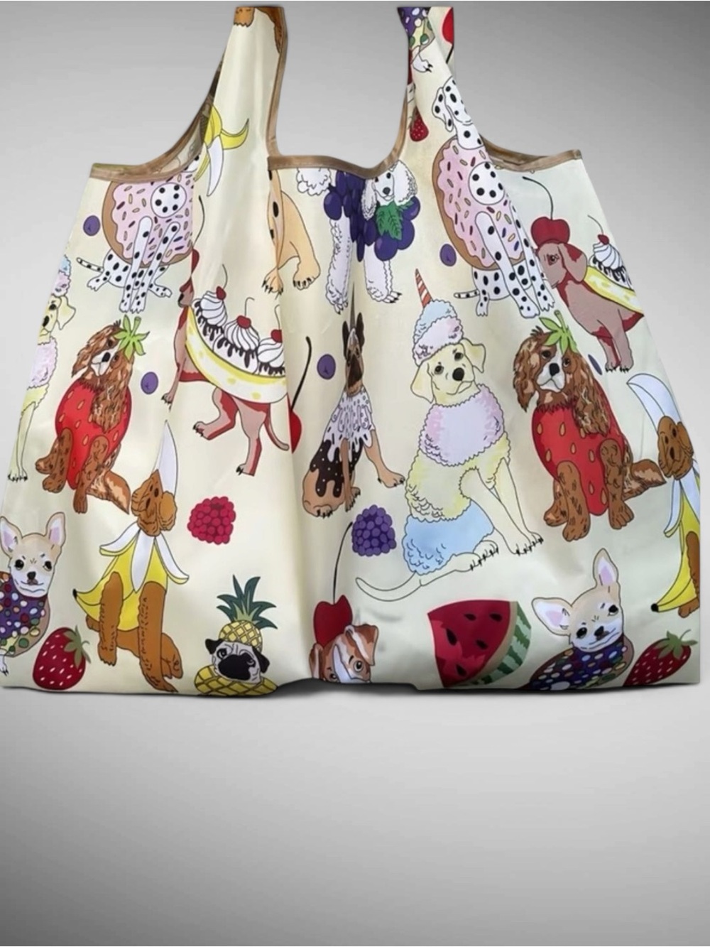 Dog Print Reusable Shopping Tote Bag Fruit Novelty Grocery Foldable